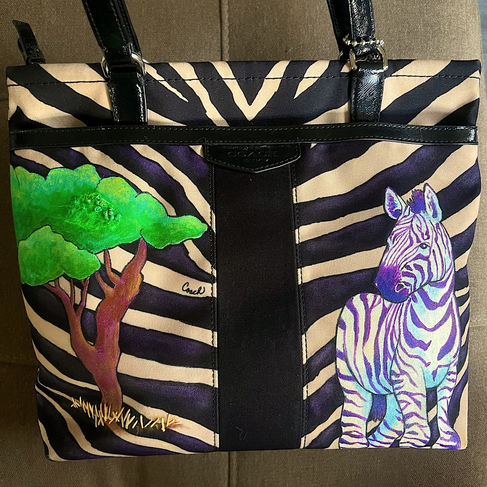 Hand painted Zebra on zebra print shoulder bag